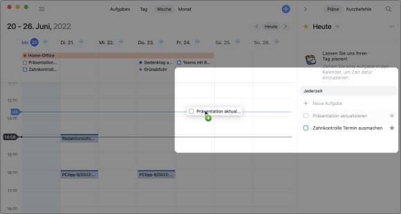 Der Screenshot zeigt, wie eine Aufgabe in den Kalender gezogen wird, damit er in einen Termin umgewandelt wird