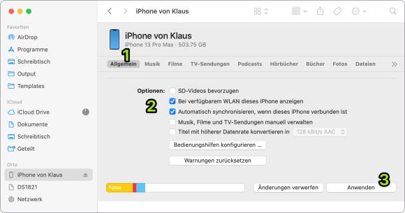 Der Screenshot zeigt, wo die Einstellungen für die kabellose Synchronisierung zu finden sind