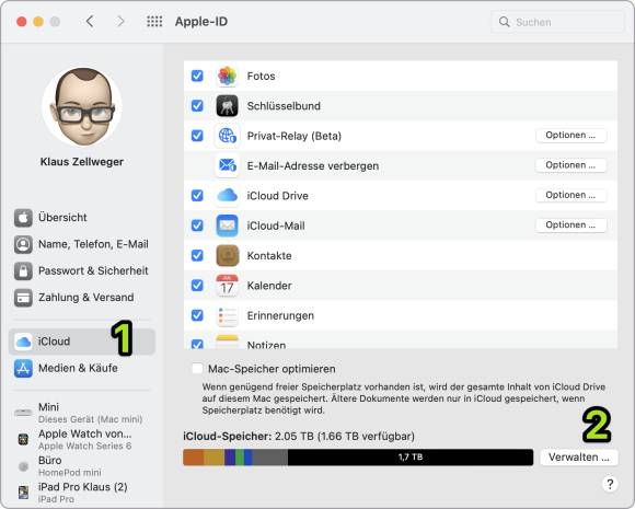 Der Screenshot zeigt die Systemeinstellung «iCloud» und wie das Speicherkontingent erhöht wird