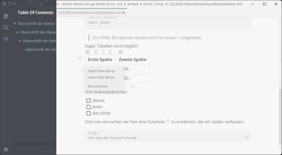 Screenshot einer kleinen Tabelle in MarkText