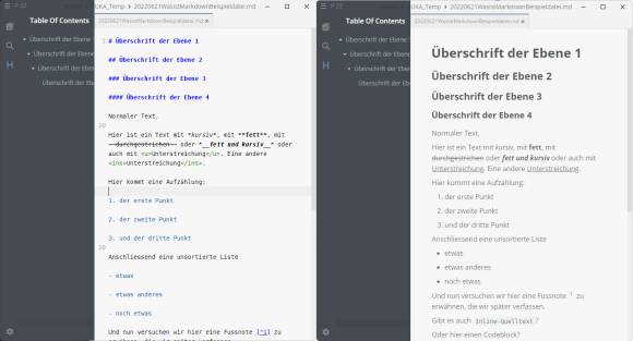 Quelltext und Darstellung unseres Markdown-Beispieltexts in MarkText 