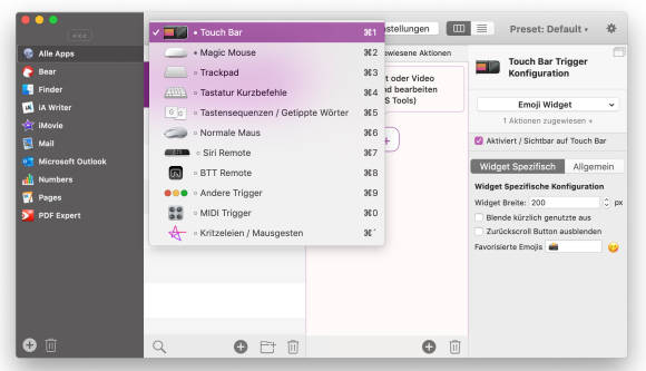 Der Screenshot zeigt die Software BetterTouchTool mit der Unterstützung für verschiedene Geräte