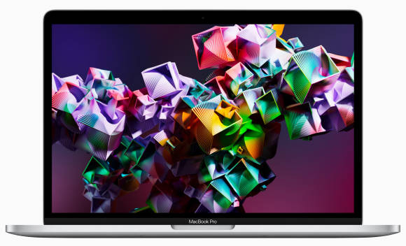 Das Foto zeigt ein MacBook Pro von vorn; auf dem Display ist eine abstrakte Grafik zu sehen