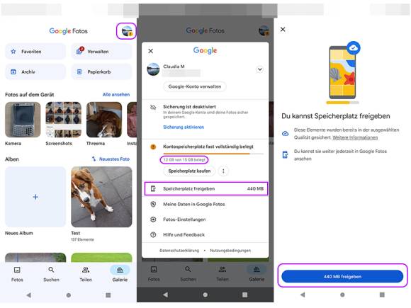 Google Fotos meint: Speicherplatz fast vollständig belegt 