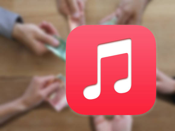 Im unscharfen Hintergrund sind Hände mit Banknoten zu sehen, im Vordergrund das Programmsymbol von Apple Music 