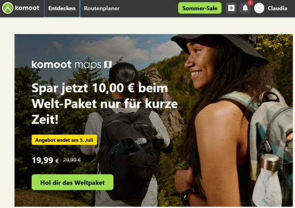 Komoot Webseite mit Rabattangebot 