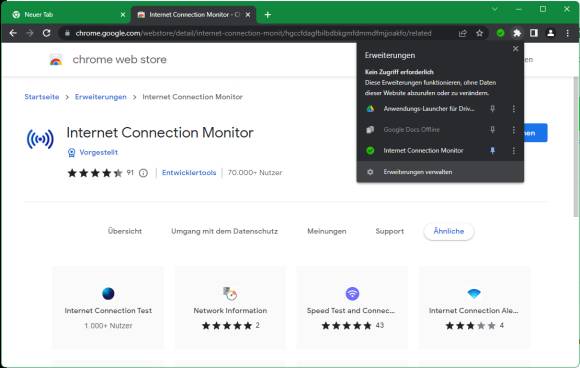 Der Chrome Store mit dem Internet Connection Monitor