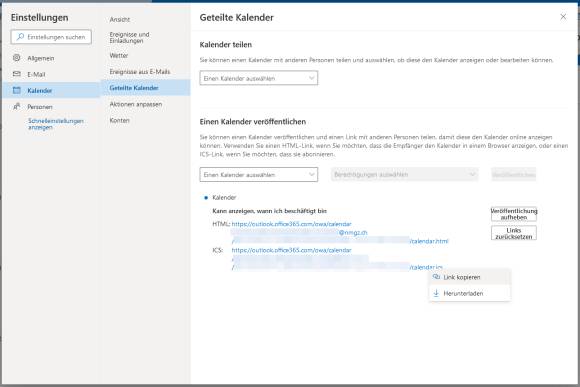 Der Outlook-Kalender im Browser mit erzeugtem Freigabelink für den Kalender