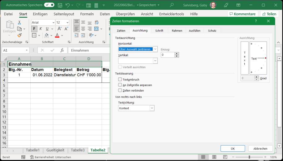Excel Über den Spalten zentrieren, ohne Zellen zu verbinden pctipp.ch