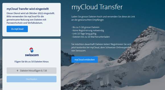 Info auf der myCloud-Webseite: Transfer wird ab Oktober 22 eingestellt