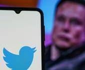 Twitter-Logo auf einem Smartphone, daneben im Hintergrund Elon Musk