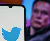 Twitter-Logo auf einem Smartphone, daneben im Hintergrund Elon Musk