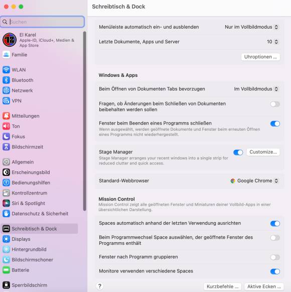 Die Systemeinstellungen zum Stage Manager