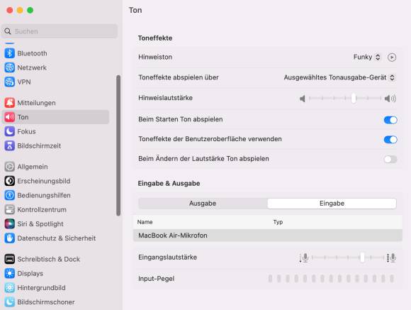 Screenshot Ton-Einstellungen 
