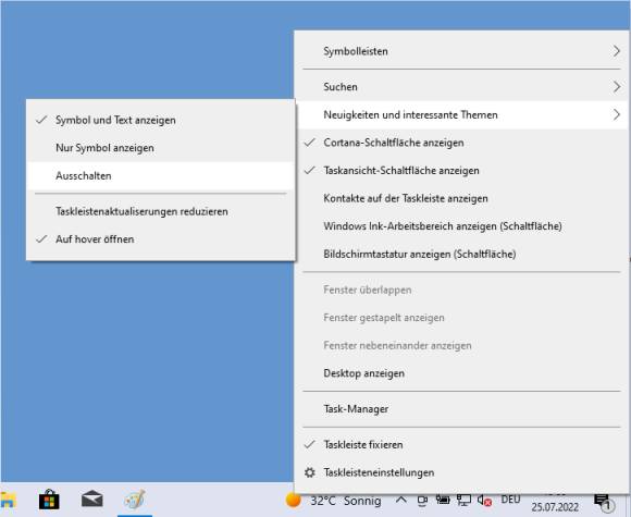 Taskleisten-Kontextmenü in Windows 10