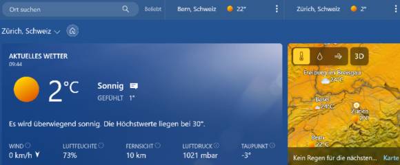 Screenshot der falschen Wetterangabe aus dem Microsoft-Wetter 