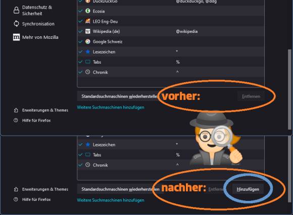 Suchmaschinen-Verwaltung im Firefox, vor und nach Umsetzung des Tipps 