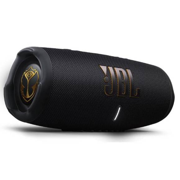 Die JBL-Charge-5-Soundbox ist ungefähr pillenförmig und in Schwarz