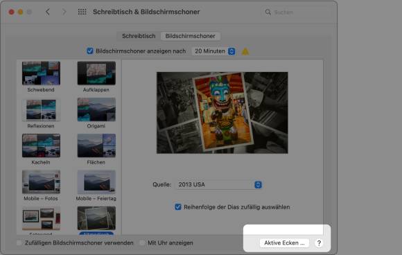 Der Screenshot zeigt die Systemeinstellung «Schreibtisch und Hintergrund» sowie die Schaltfläche, um die aktiven Ecke zu konfigurieren