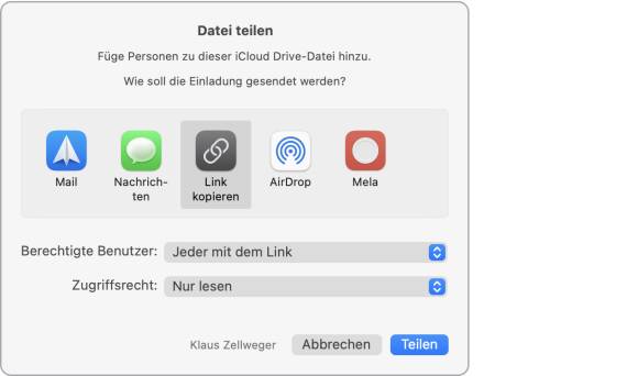 Der Screenshot zeigt am Mac, wie der Link zu einem freigegebenen Objekt kopiert wird