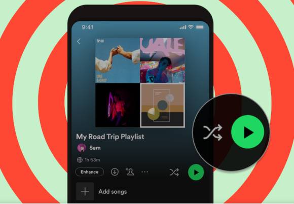 Die Spotify-App auf einem Smartphone und der Shuffle-Button 