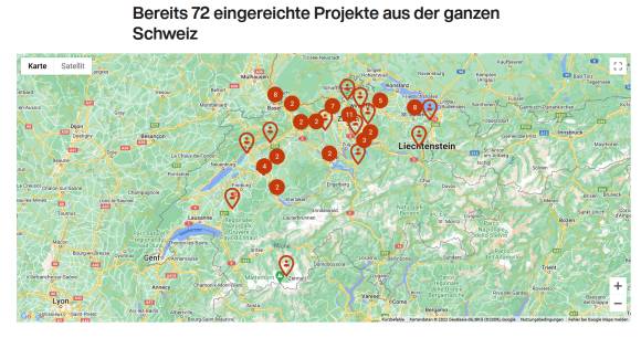 Auf einer Schweizer Karte sind die Standorte der Projekte markiert 