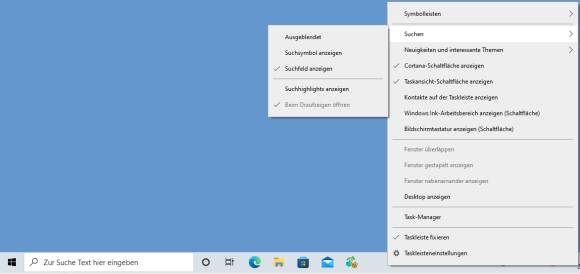 Taskleisten-Kontextmenü, darin der Inhalt des Untermenüs "Suchen"
