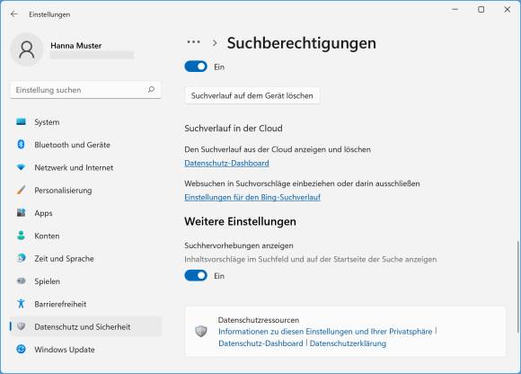 Die Datenschutz-Einstellungen mit dem Kippschalter für die Suchhighlights