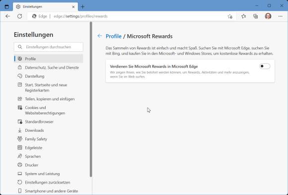Screenshot Edge-Einstellungen mit der Rewards-Option