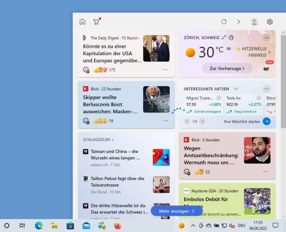 Screenshot der automatisch aufgeklappten Widgets unter Windows 10 