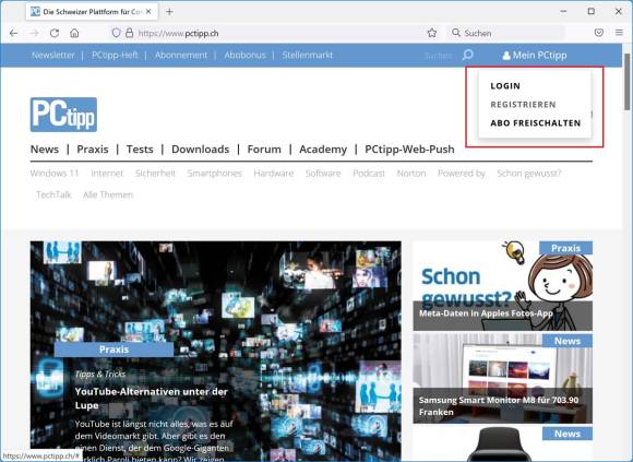 Das Mein-PCtipp-Menü auf der PCtipp.ch-Webseite