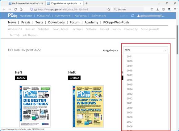 Das Ausklappmenü zur Jahreszahl im PCtipp-PDF-Archiv