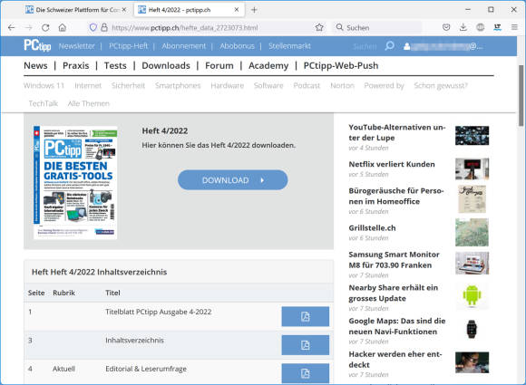 Detailansicht einer PCtipp-Heftausgabe mit Download-Button fürs ganze Heft