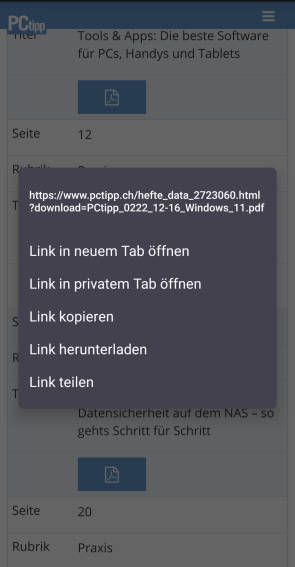 Screenshot Mobile-Browser mit Download-Kontextmenü eines Heft-PDFs