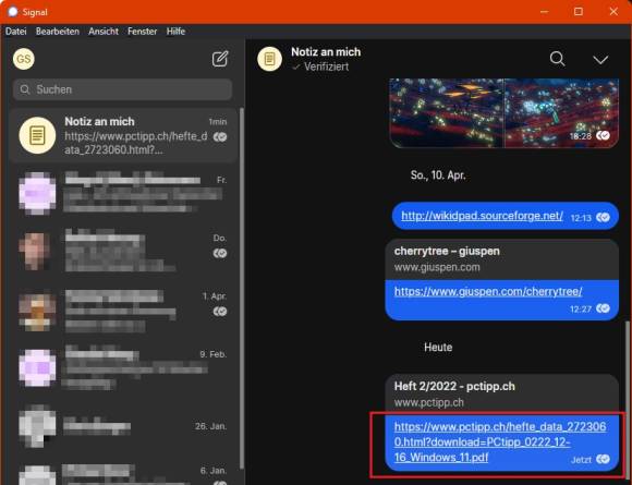 Die Signal-App auf dem Desktop mit dem Heftarchiv-Link im "Notiz an mich"-Kanal der Autorin