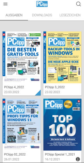 Die vier neusten Heft-Titelbilder in der PCtipp-E-Paper-App unter Android