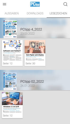 Beispiele für gesammelte Lesezeichen in der PCtipp-E-Paper-App