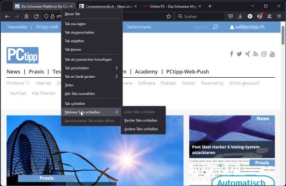 Kontextmenü eines Firefox-Tabs mit dem Untermenü "Mehrere Tabs schliessen" 
