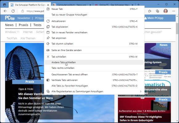 Das Kontextmenü eines Browsertabs in Edge