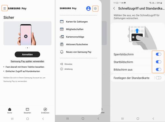 Drei Screenshots zeigen den Weg zum Deaktivieren der Wischgesten