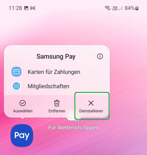 Kontextmenü zum Samsung-Pay-Symbol, hier mit Deinstallieren-Möglichkeit