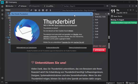 Thunderbird-Screenshot mit Versionsinfo, die jetzt 64 Bit anzeigt