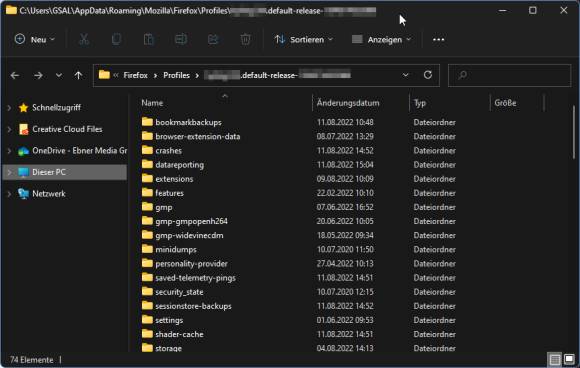 Screenshot des Explorer-Fensters mit den Firefox-Profildaten