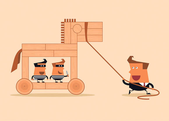 In diesem Cartoon zieht ein Mann in Anzug und Krawatte ein grosses Holzpferd, in dem zwei Kriminelle sind, an einem Seil hinter sich her 