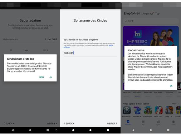 Drei Screenshots zeigen, wie Sie in der AppGallery ein Kinderkonto einrichten
