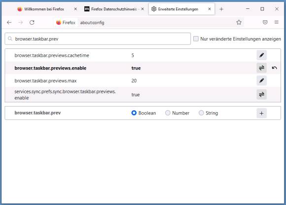 Screenshot der about:config-Einstellungen