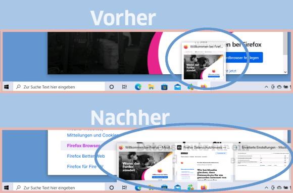 Vorschauen in der Taskleiste, vorher und nachher 