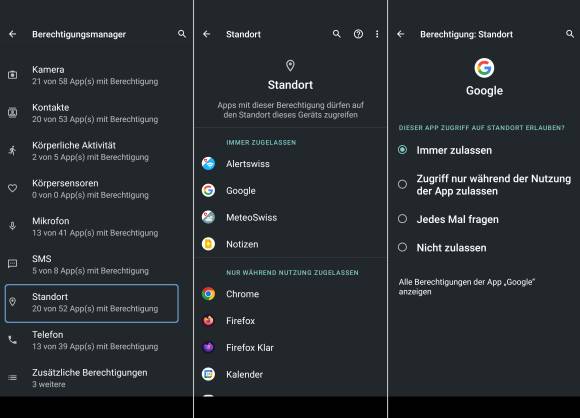 Der Weg zu den Standort-Zugriffsdetails einer App