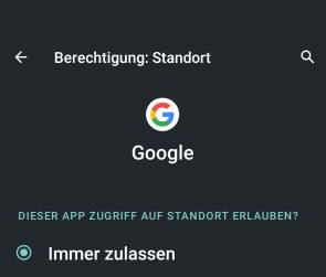 Beispiel der Google-App, die hier beim Standort auf "Immer zulassen" steht 