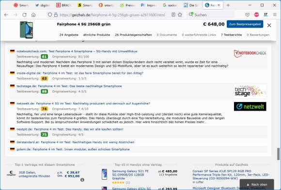 Die Testberichte auf der Geizhals-Webseite